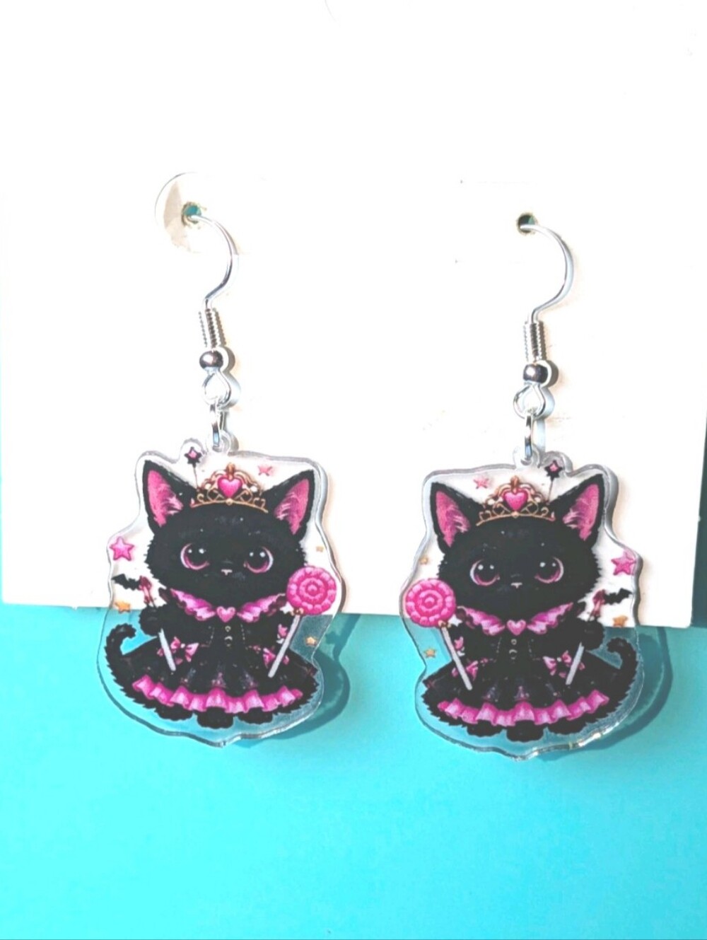 Hand Crafted Black & Pink Princess Cat Dangle Earrings